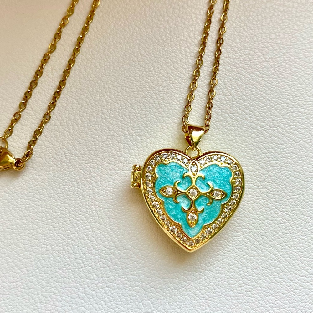 Gold Heart Locket Necklace with Turquoise Enamel and Crystal Accents